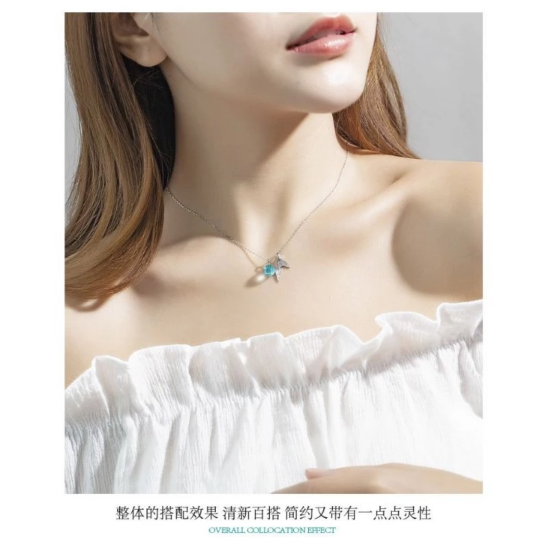 👗台灣現貨🌿人魚泡沫💕人魚尾巴項鍊 海藍寶石 鍍925銀 水晶吊墜 鎖骨鏈 人魚美人魚清新森系海豚魚尾巴吊墜項鍊-細節圖2
