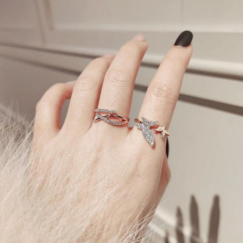 💍台灣現貨🌿韓國東大門簡約冷淡風交叉戒指 時尚個性ins潮日系 微鑲輕奢開口戒食指尾戒指環-細節圖5