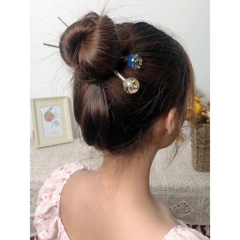 ✨台灣現貨🌿🌈璨星空髮簪 日系簪子女可愛少女盤發金箔發插髮釵優雅頭飾品 復古風髮飾 中國風髮飾-細節圖5