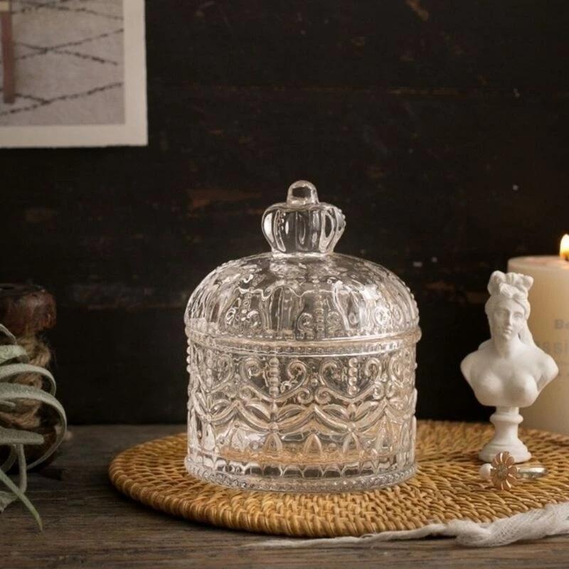 👑台灣現貨✨復古皇冠 ins風浮雕玻璃首飾盒 水晶淨化盒 拍照道具 拍照背景 居家裝飾擺件 玻璃瓶 婚禮布置 糖果罐-細節圖4