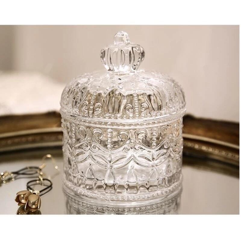 👑台灣現貨✨復古皇冠 ins風浮雕玻璃首飾盒 水晶淨化盒 拍照道具 拍照背景 居家裝飾擺件 玻璃瓶 婚禮布置 糖果罐-細節圖6