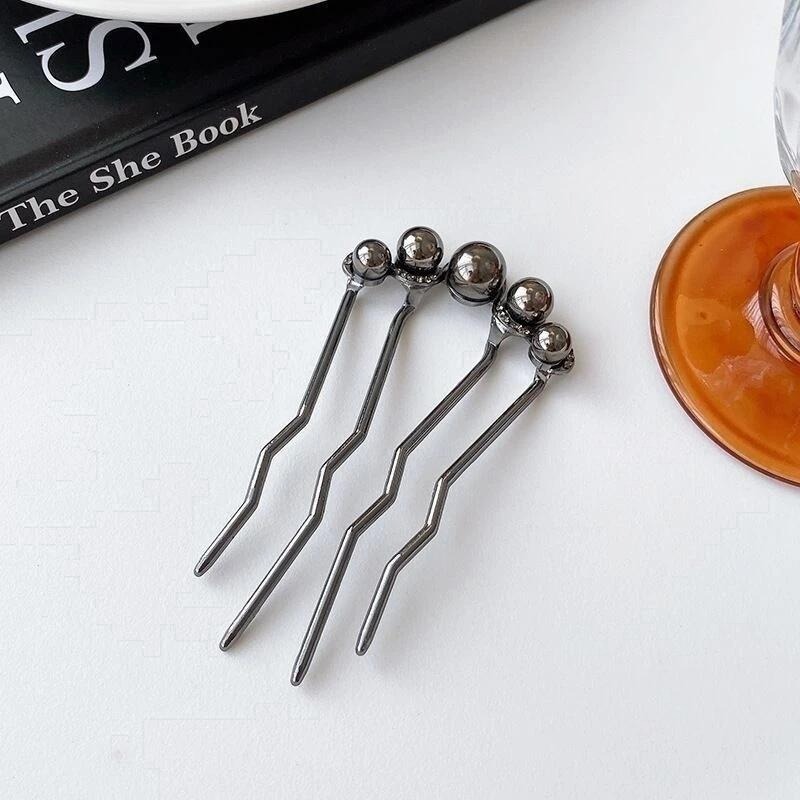 ✨台灣現貨🌿✨髮簪盤髮器懶人蓬鬆神器✨ 超好用 新款金屬珠珠 ins簡約冷淡風盤發神器 鐵質髮插u型髮簪【N121】-細節圖2