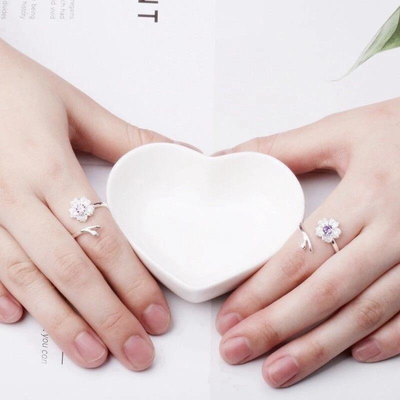 💖台灣現貨🌿日系櫻花🌸日韓清新百搭櫻花戒指 開口可調整指環戒指 森系花朵單鑽鋯石食指戒指 粉水晶晶石桃花尾戒 學生-細節圖9