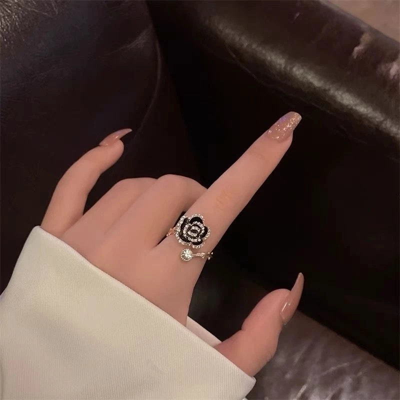 💍台灣現貨🌿韓系輕奢鋯石山茶花開口戒指 滴油山茶花戒指 ins高級感小眾設計小香風指環開口食指戒【O10】-細節圖2