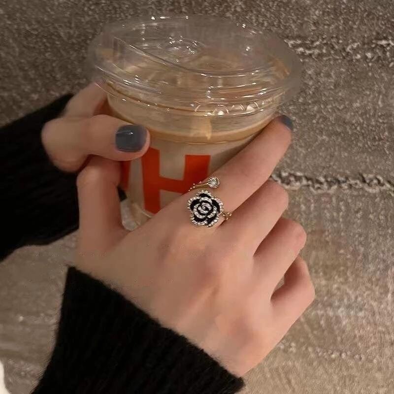 💍台灣現貨🌿韓系輕奢鋯石山茶花開口戒指 滴油山茶花戒指 ins高級感小眾設計小香風指環開口食指戒【O10】-細節圖5