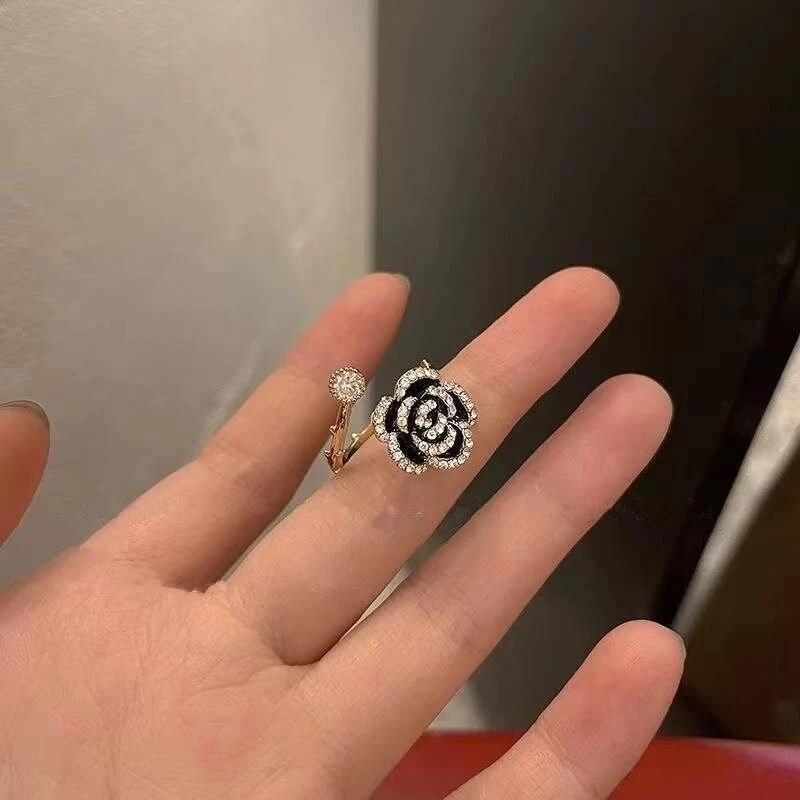 💍台灣現貨🌿韓系輕奢鋯石山茶花開口戒指 滴油山茶花戒指 ins高級感小眾設計小香風指環開口食指戒【O10】-細節圖6