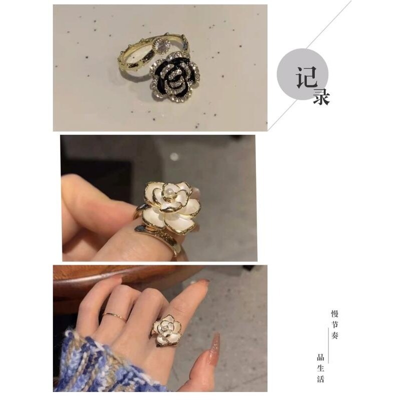 💍台灣現貨🌿韓系輕奢鋯石山茶花開口戒指 滴油山茶花戒指 ins高級感小眾設計小香風指環開口食指戒【O10】-細節圖11