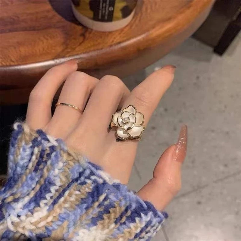 💍台灣現貨🌿韓系輕奢鋯石山茶花開口戒指 滴油山茶花戒指 ins高級感小眾設計小香風指環開口食指戒【O10】-規格圖11