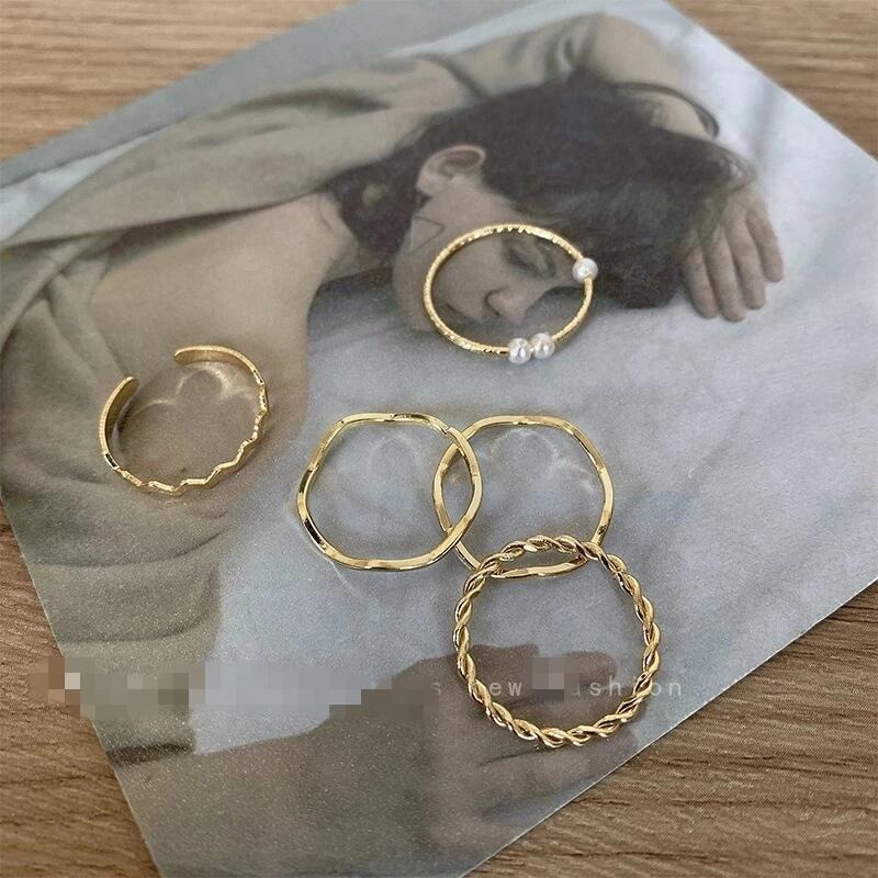 💍台灣現貨🌿唯美五件組合珍珠套裝食指戒指女ins潮小眾簡約冷淡風關節戒尾戒指環【O59】-細節圖2