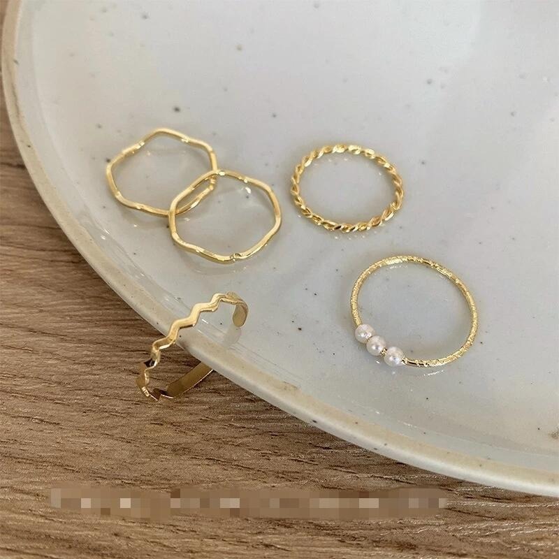 💍台灣現貨🌿唯美五件組合珍珠套裝食指戒指女ins潮小眾簡約冷淡風關節戒尾戒指環【O59】-細節圖3