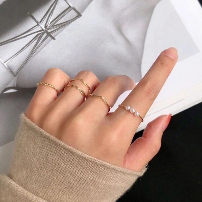 💍台灣現貨🌿唯美五件組合珍珠套裝食指戒指女ins潮小眾簡約冷淡風關節戒尾戒指環【O59】-規格圖9