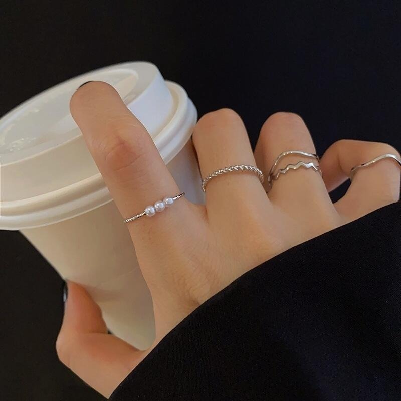 💍台灣現貨🌿唯美五件組合珍珠套裝食指戒指女ins潮小眾簡約冷淡風關節戒尾戒指環【O59】-規格圖9