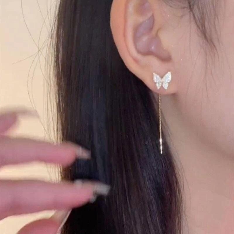 💖台灣現貨🌿日韓新款 滿鑽 蝴蝶 抽拉 耳環 小巧 精緻 微鑲 長款 流蘇 耳線 養耳洞 耳飾【G138】-細節圖2