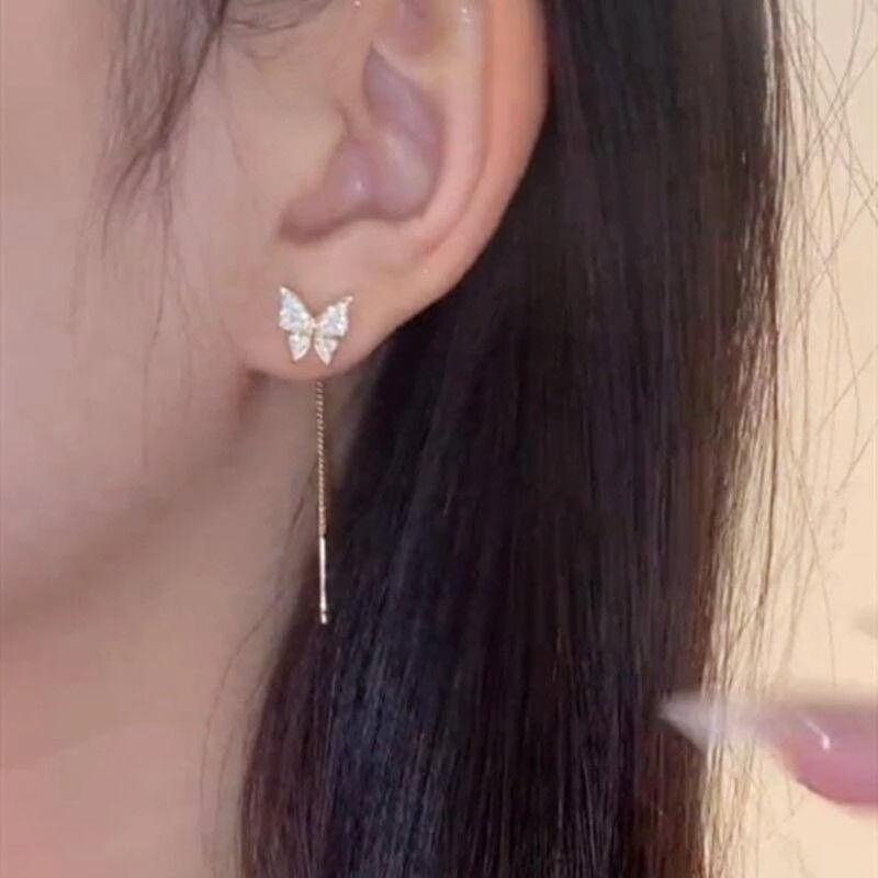 💖台灣現貨🌿日韓新款 滿鑽 蝴蝶 抽拉 耳環 小巧 精緻 微鑲 長款 流蘇 耳線 養耳洞 耳飾【G138】-細節圖3