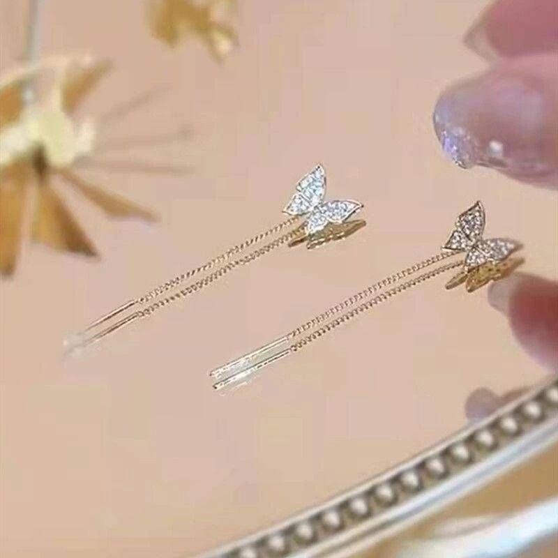 💖台灣現貨🌿日韓新款 滿鑽 蝴蝶 抽拉 耳環 小巧 精緻 微鑲 長款 流蘇 耳線 養耳洞 耳飾【G138】-細節圖4