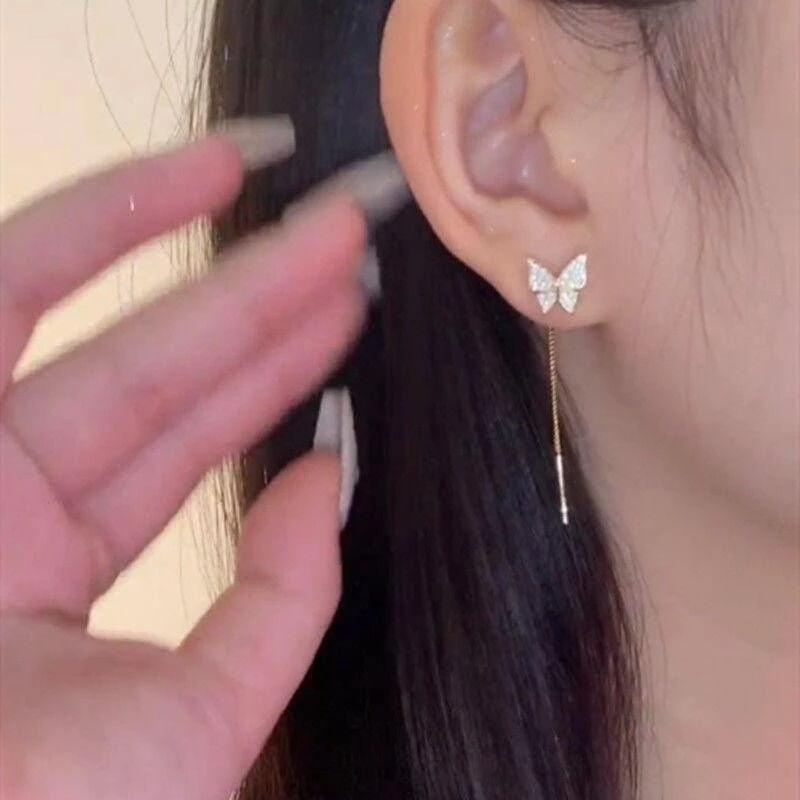 💖台灣現貨🌿日韓新款 滿鑽 蝴蝶 抽拉 耳環 小巧 精緻 微鑲 長款 流蘇 耳線 養耳洞 耳飾【G138】-細節圖5