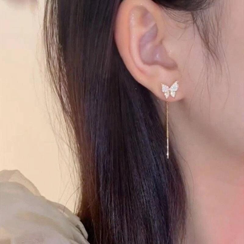 💖台灣現貨🌿日韓新款 滿鑽 蝴蝶 抽拉 耳環 小巧 精緻 微鑲 長款 流蘇 耳線 養耳洞 耳飾【G138】-細節圖6
