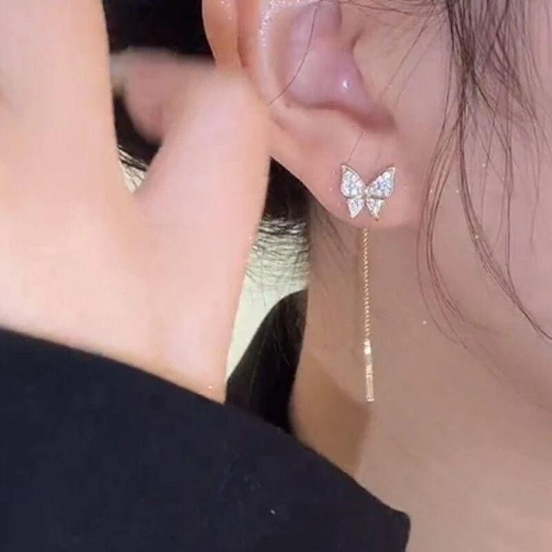 💖台灣現貨🌿日韓新款 滿鑽 蝴蝶 抽拉 耳環 小巧 精緻 微鑲 長款 流蘇 耳線 養耳洞 耳飾【G138】-細節圖7
