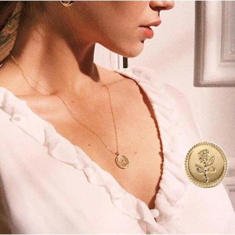 🌹台灣現貨🌿簡約復古項鍊 玫瑰金幣錢幣圓牌硬幣項鍊 玫瑰圓片項鍊 玫瑰花項鍊 簡約設計感項鍊【Q85】-細節圖2