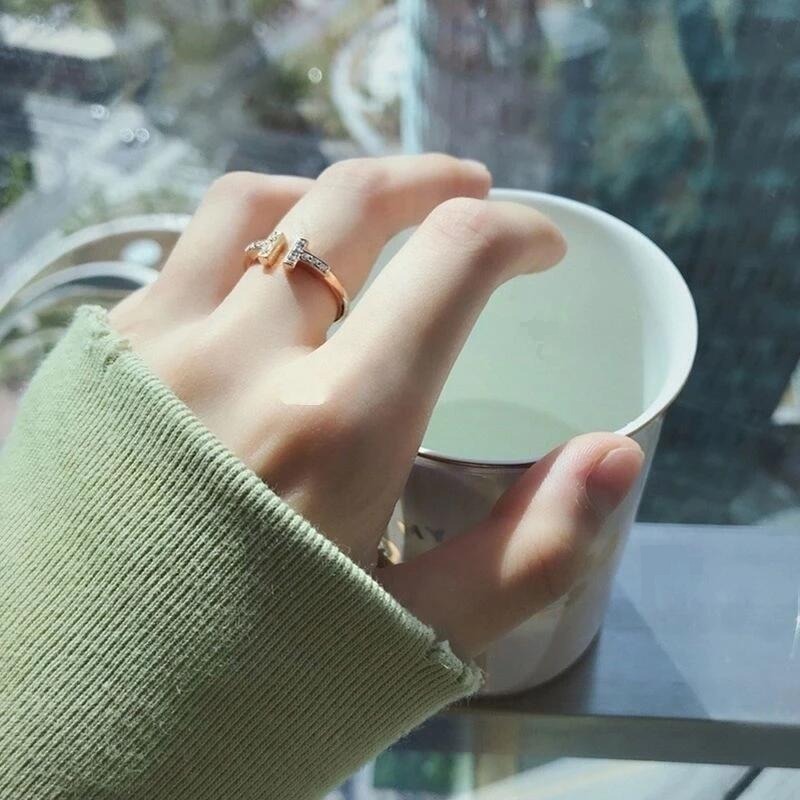 💍台灣現貨🌿經典簡約雙排T戒指 高級感微鑲鑽輕奢冷淡風小眾設計個性ins潮鋯石可調節戒指食指戒【O54】-細節圖4