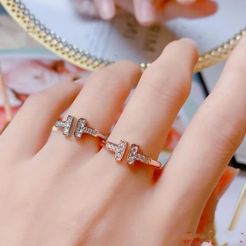 💍台灣現貨🌿經典簡約雙排T戒指 高級感微鑲鑽輕奢冷淡風小眾設計個性ins潮鋯石可調節戒指食指戒【O54】-細節圖8