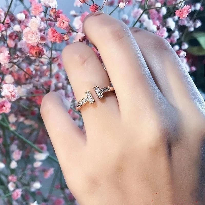 💍台灣現貨🌿經典簡約雙排T戒指 高級感微鑲鑽輕奢冷淡風小眾設計個性ins潮鋯石可調節戒指食指戒【O54】-細節圖9