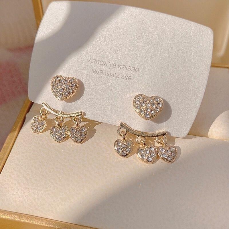 💖台灣現貨🌿爆款925銀針滿鑽愛心前後戴耳環 仙女氣質鑲鑽顯瘦耳飾潮【G186】-細節圖3