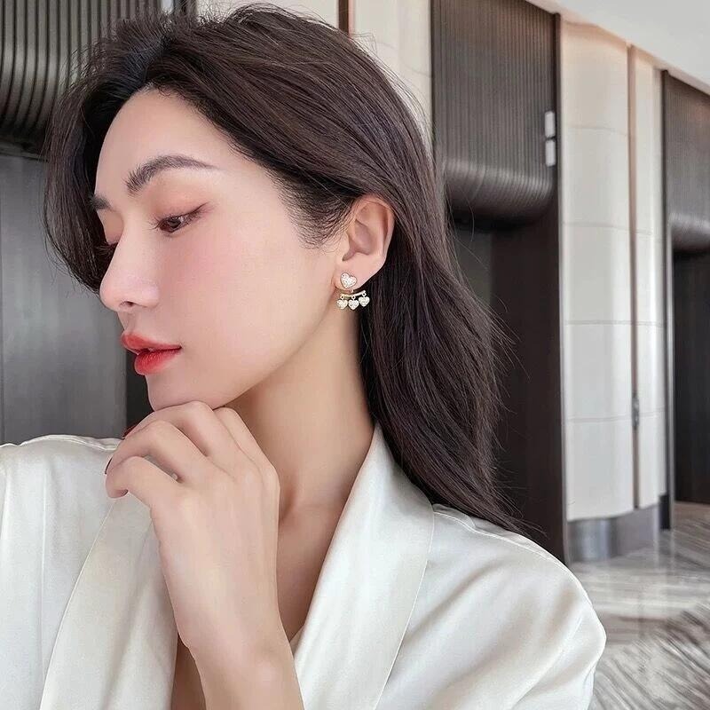 💖台灣現貨🌿爆款925銀針滿鑽愛心前後戴耳環 仙女氣質鑲鑽顯瘦耳飾潮【G186】-細節圖4