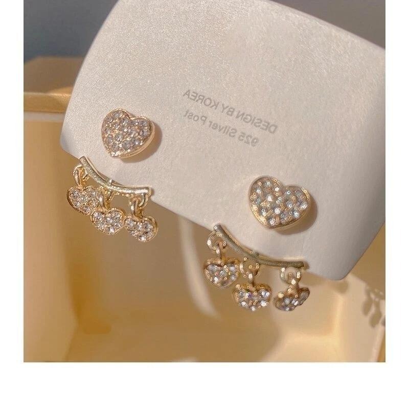 💖台灣現貨🌿爆款925銀針滿鑽愛心前後戴耳環 仙女氣質鑲鑽顯瘦耳飾潮【G186】-細節圖5