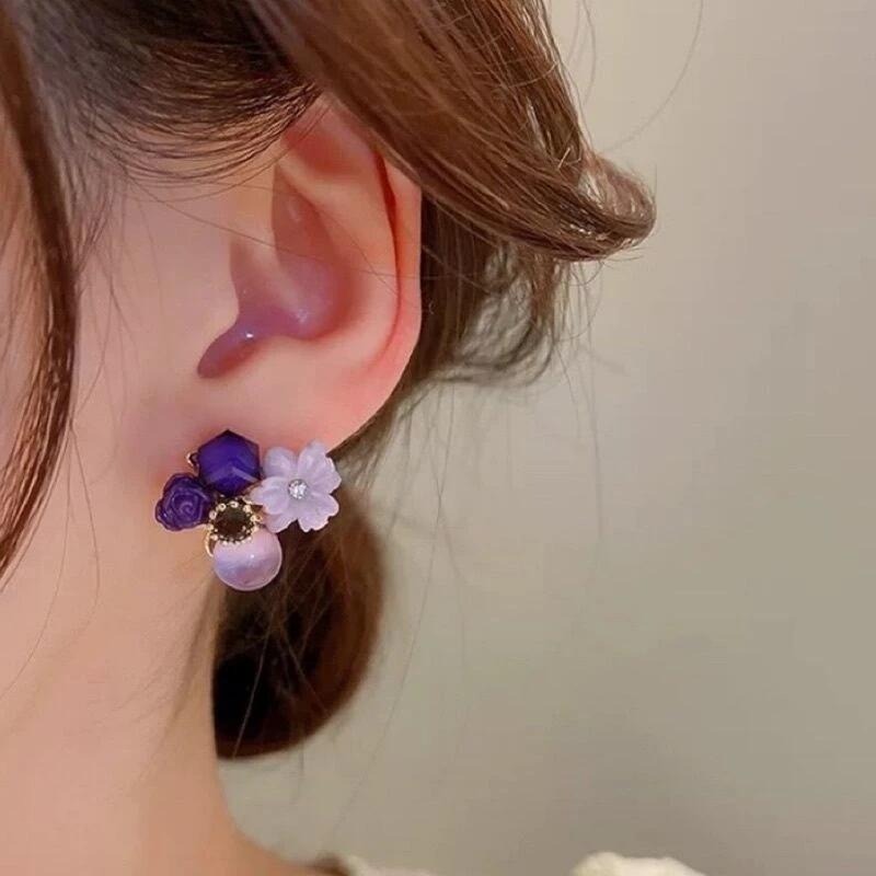 💖台灣現貨🌿紫貓眼石花朵耳環 韓國鑲鑽水晶甜美花朵復古設計氣質耳環【G331】-細節圖3