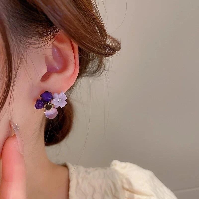 💖台灣現貨🌿紫貓眼石花朵耳環 韓國鑲鑽水晶甜美花朵復古設計氣質耳環【G331】-細節圖5