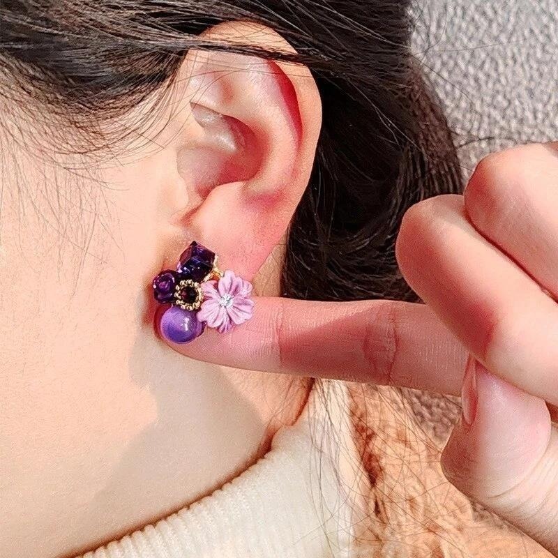 💖台灣現貨🌿紫貓眼石花朵耳環 韓國鑲鑽水晶甜美花朵復古設計氣質耳環【G331】-細節圖8