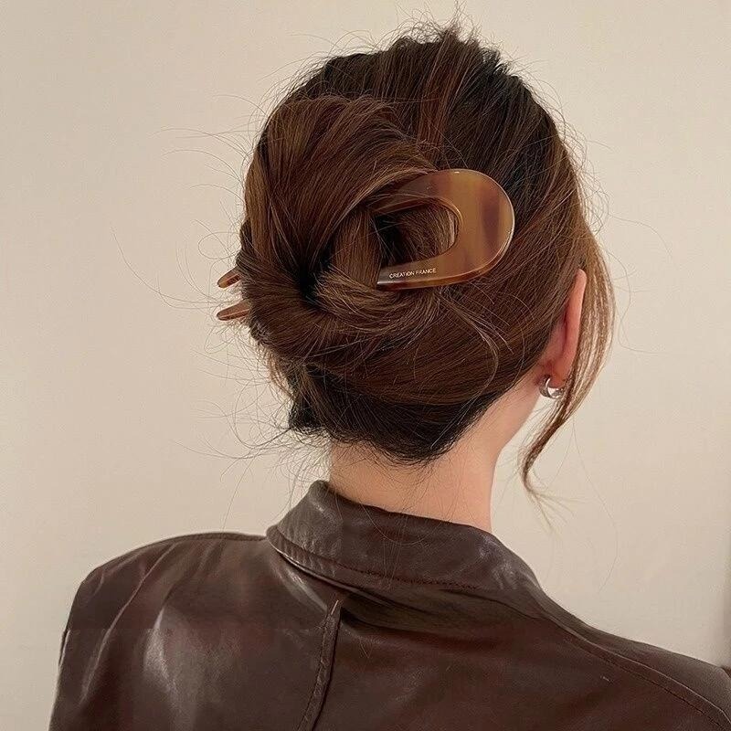 ✨台灣現貨🌿極簡風 醋酸簡約U型髮簪 網紅氣質碎花簪子 現代丸子頭盤髮髮插【L19】-細節圖2