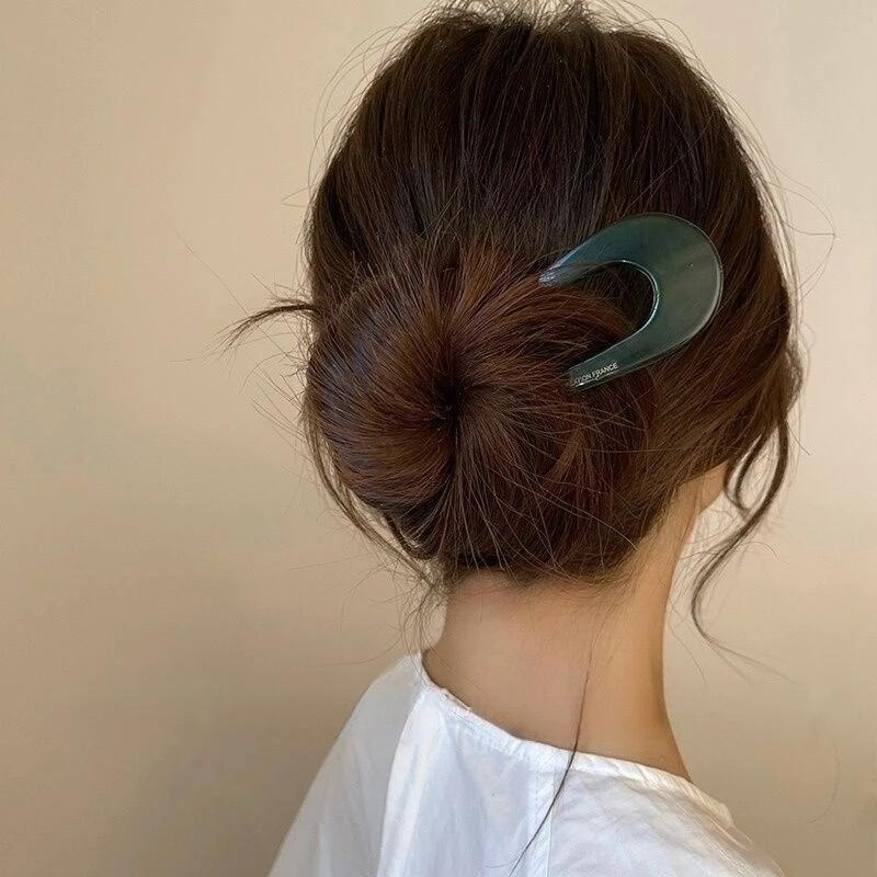 ✨台灣現貨🌿極簡風 醋酸簡約U型髮簪 網紅氣質碎花簪子 現代丸子頭盤髮髮插【L19】-細節圖6