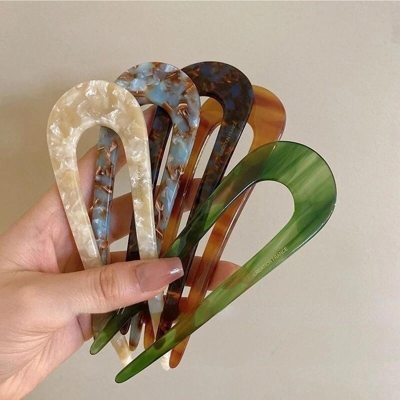 ✨台灣現貨🌿極簡風 醋酸簡約U型髮簪 網紅氣質碎花簪子 現代丸子頭盤髮髮插【L19】-細節圖9