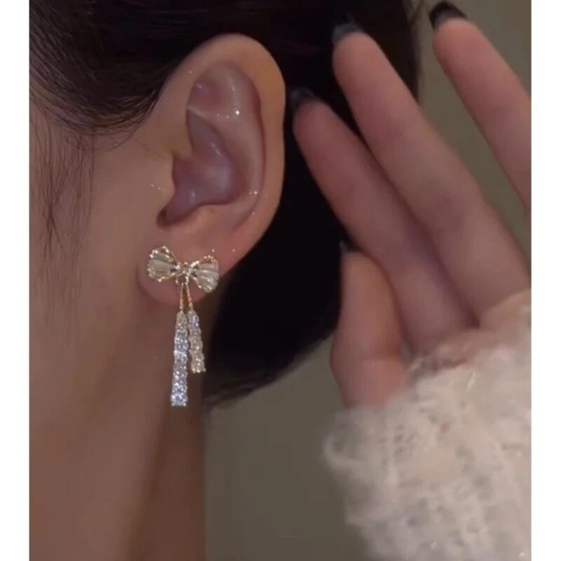 💖台灣現貨🌿S925銀針韓國新款水晶蝴蝶結耳環女ins潮長款流蘇水鑽耳環時尚氣質百搭耳飾品【G351】-細節圖2