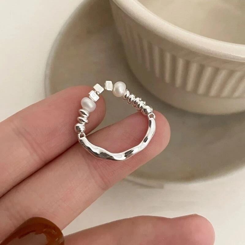 💍台灣現貨🌿韓系不規則碎銀子珍珠戒指 輕奢小眾設計感食指戒指 時尚個性指環【O65】-細節圖2