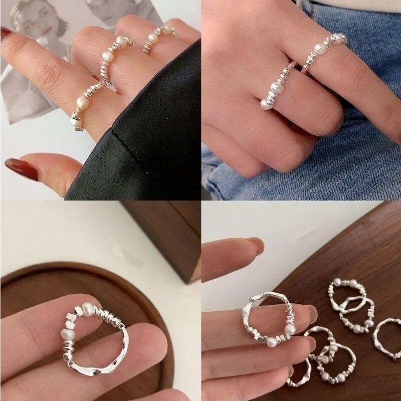 💍台灣現貨🌿韓系不規則碎銀子珍珠戒指 輕奢小眾設計感食指戒指 時尚個性指環【O65】-細節圖8