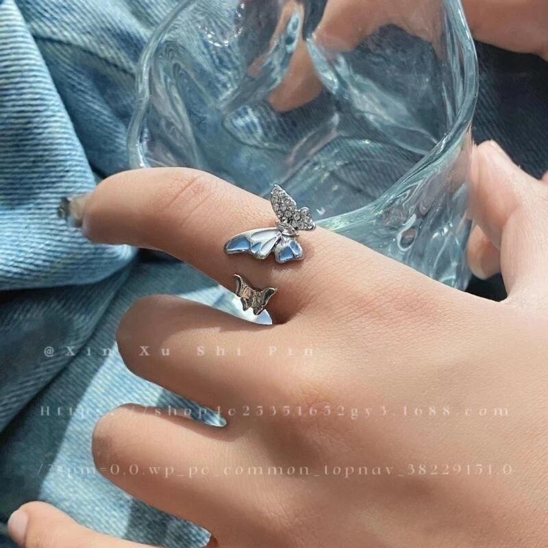💍台灣現貨🌿甜美風滴釉蝴蝶開口戒指 精緻微鑽小眾設計高級感開口可調整指環【O66】-細節圖4