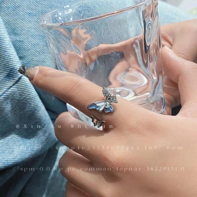 💍台灣現貨🌿甜美風滴釉蝴蝶開口戒指 精緻微鑽小眾設計高級感開口可調整指環【O66】-細節圖6