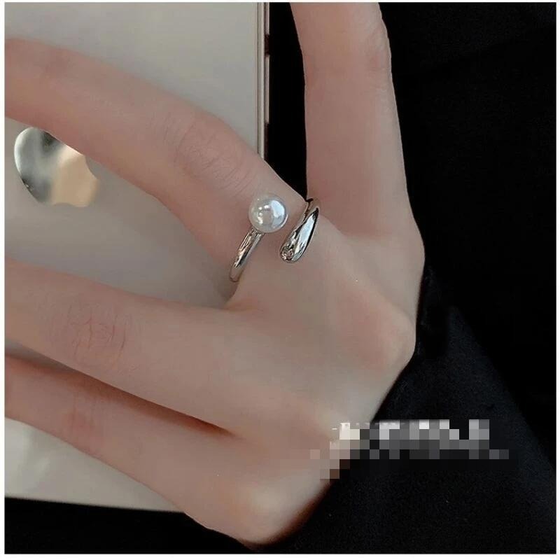 💍台灣現貨🌿極簡珍珠戒指 設計感銀色開口食指時尚個性氣質冷淡風指環【O64】-細節圖3