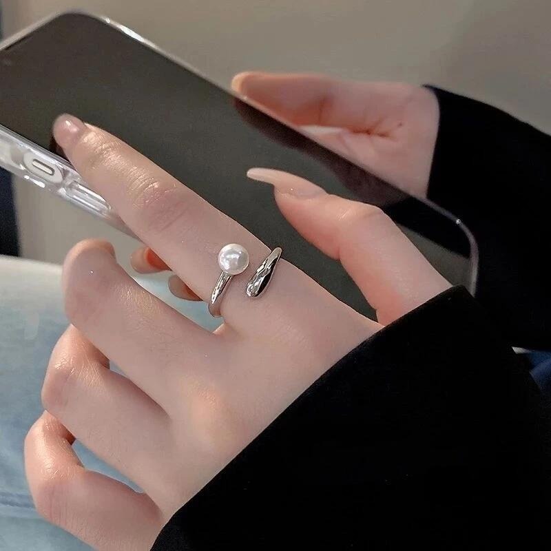 💍台灣現貨🌿極簡珍珠戒指 設計感銀色開口食指時尚個性氣質冷淡風指環【O64】-細節圖5