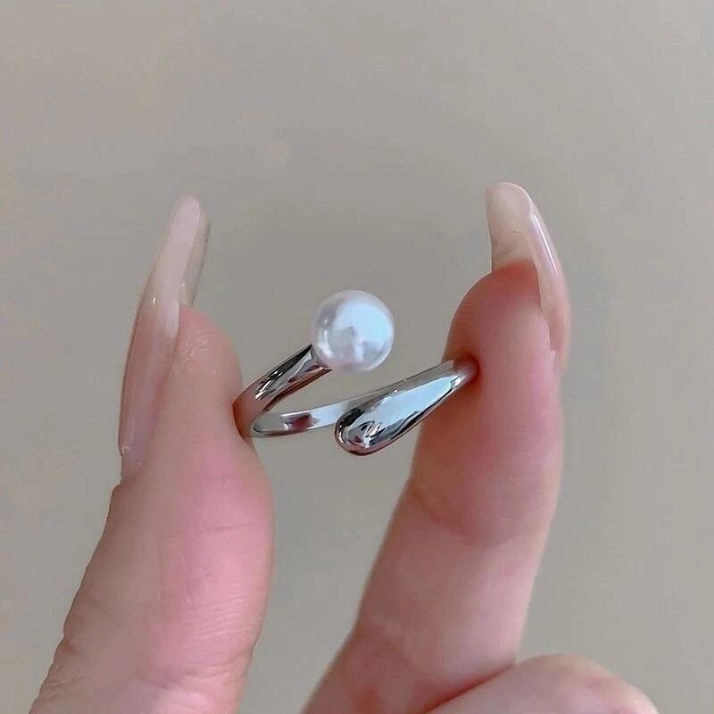 💍台灣現貨🌿極簡珍珠戒指 設計感銀色開口食指時尚個性氣質冷淡風指環【O64】-細節圖2