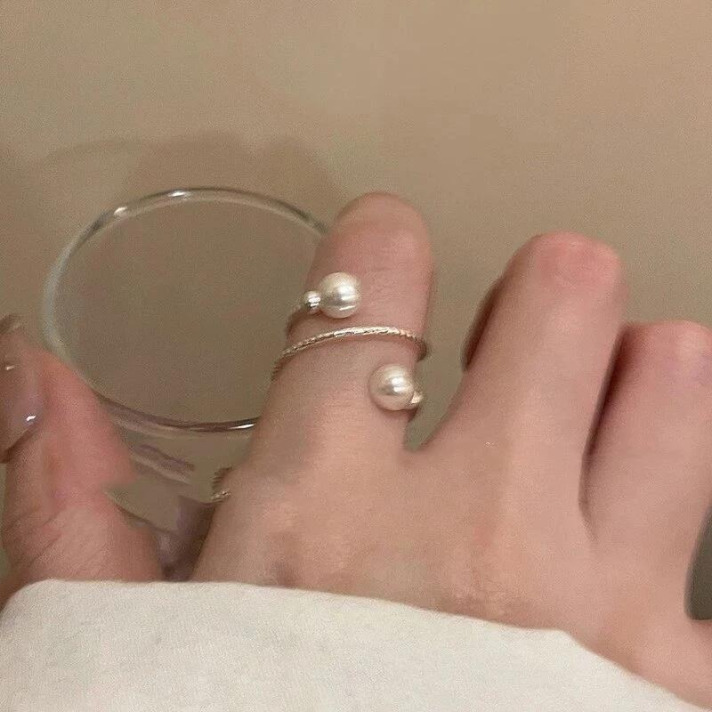 💍台灣現貨🌿珍珠雙層戒指開口可調整新款輕奢小眾設計簡約時尚戒指個性氣質百搭指環食指戒【O70】-細節圖5