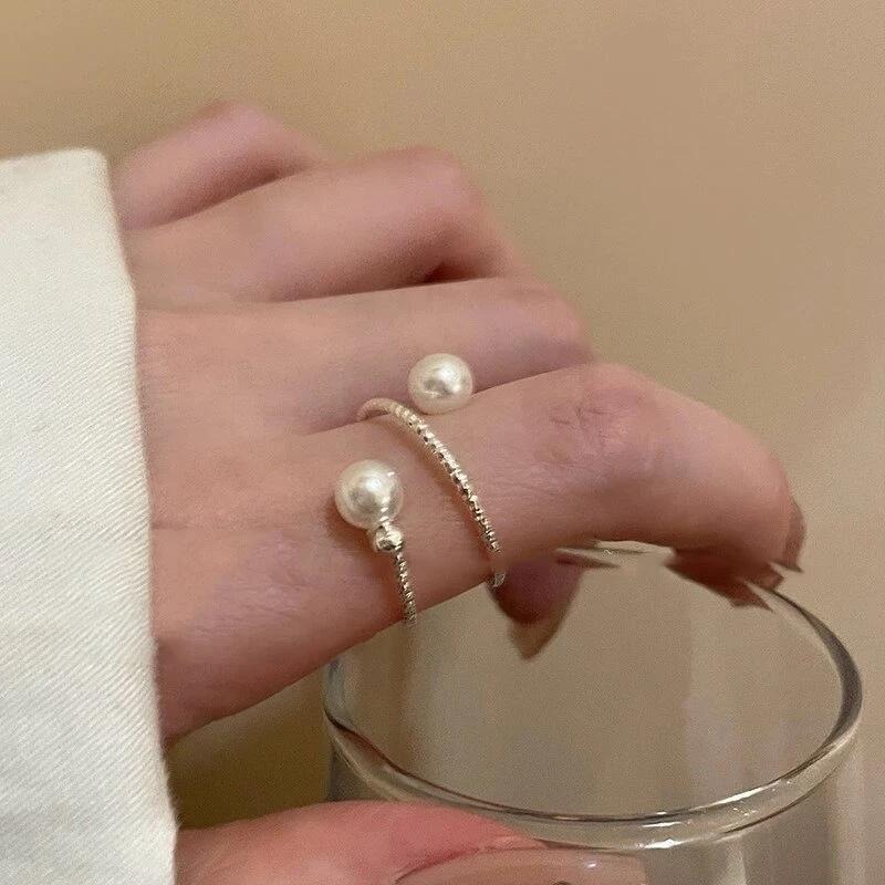 💍台灣現貨🌿珍珠雙層戒指開口可調整新款輕奢小眾設計簡約時尚戒指個性氣質百搭指環食指戒【O70】-細節圖7