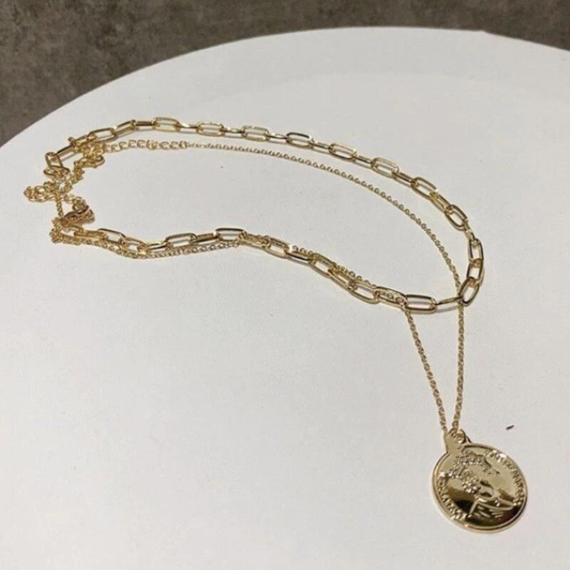 👗台灣現貨🌿 ins 小眾設計 歐美雙層金屬人頭像疊戴項鍊 百搭女王頭像吊墜項鍊鎖骨鏈【Q9】-細節圖4