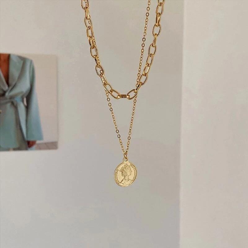 👗台灣現貨🌿 ins 小眾設計 歐美雙層金屬人頭像疊戴項鍊 百搭女王頭像吊墜項鍊鎖骨鏈【Q9】-細節圖6