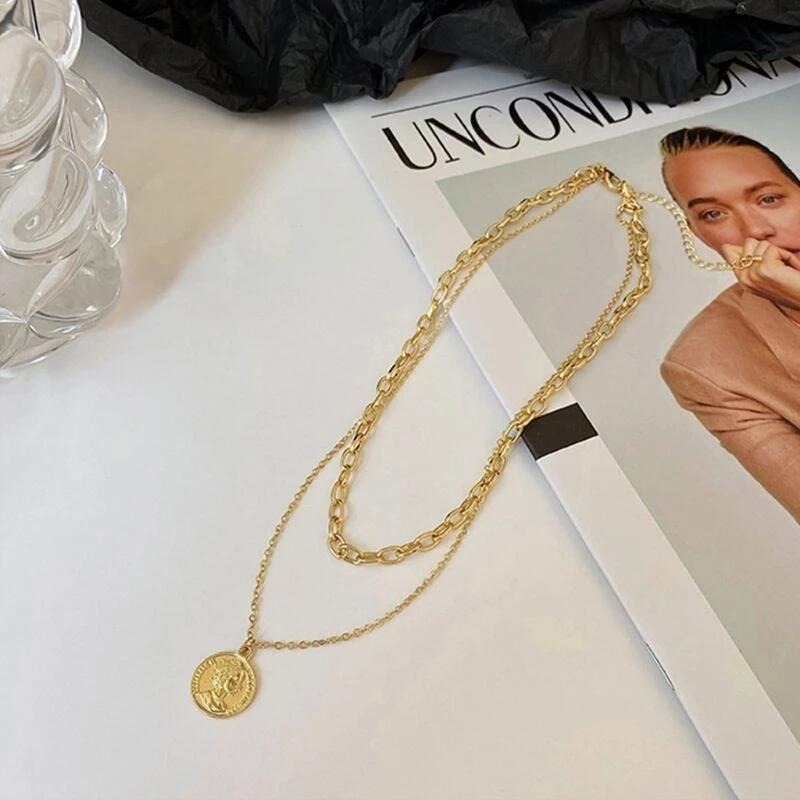 👗台灣現貨🌿 ins 小眾設計 歐美雙層金屬人頭像疊戴項鍊 百搭女王頭像吊墜項鍊鎖骨鏈【Q9】-細節圖7