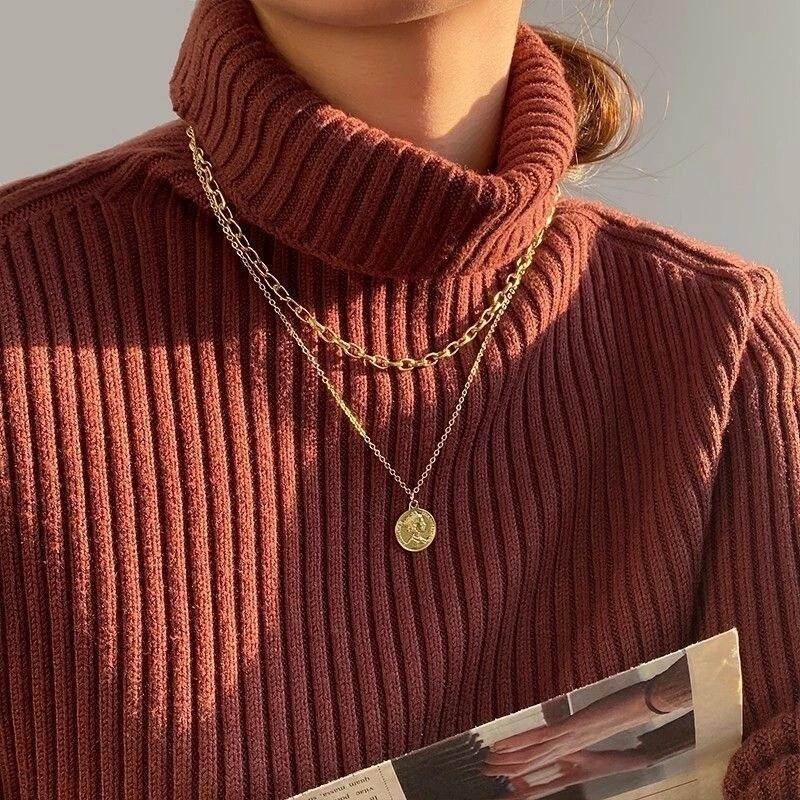 👗台灣現貨🌿 ins 小眾設計 歐美雙層金屬人頭像疊戴項鍊 百搭女王頭像吊墜項鍊鎖骨鏈【Q9】-細節圖8