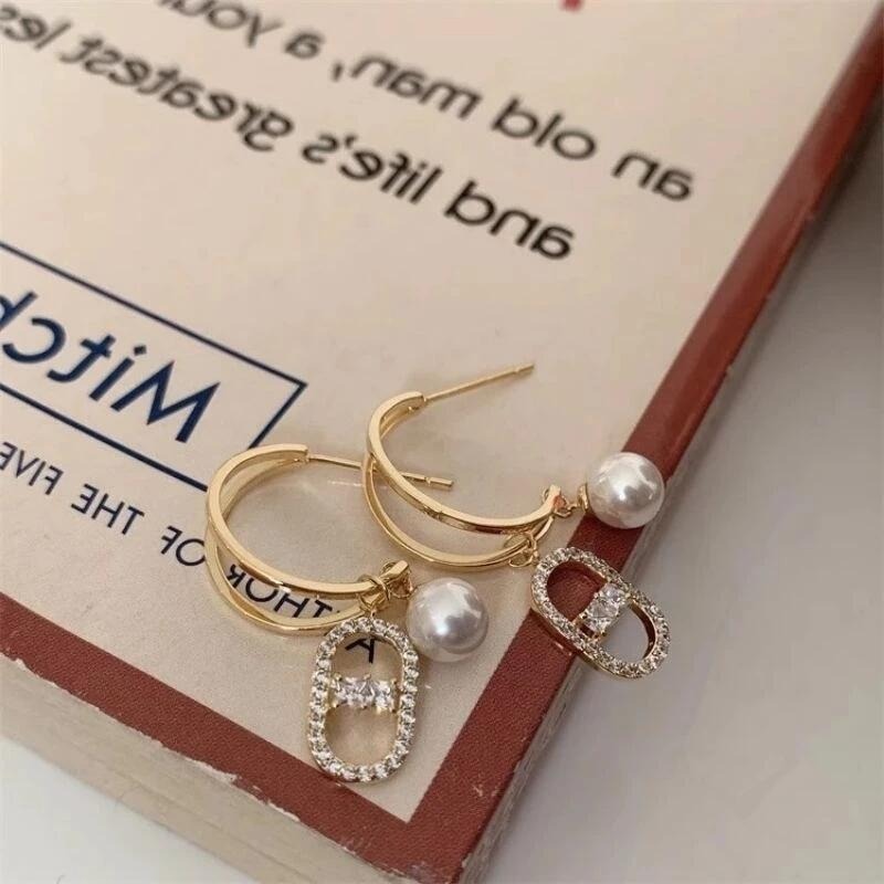 💖台灣現貨🌿韓國東大門豬鼻子微鑲鋯石珍珠耳環 S925銀針法式雙層C形氣質個性耳圈耳環【G367】-細節圖2